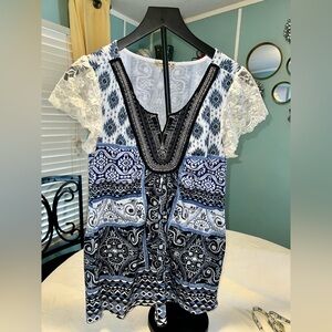 Energie Blue and Black Patterned Blouse with Lace Sleeves Medium